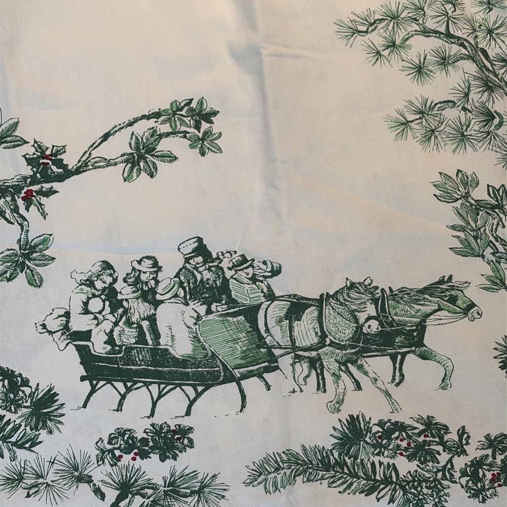 Vintage Vera Neumann Toile Green White Christmas Tablecloth Sleigh Ride 64 X 70